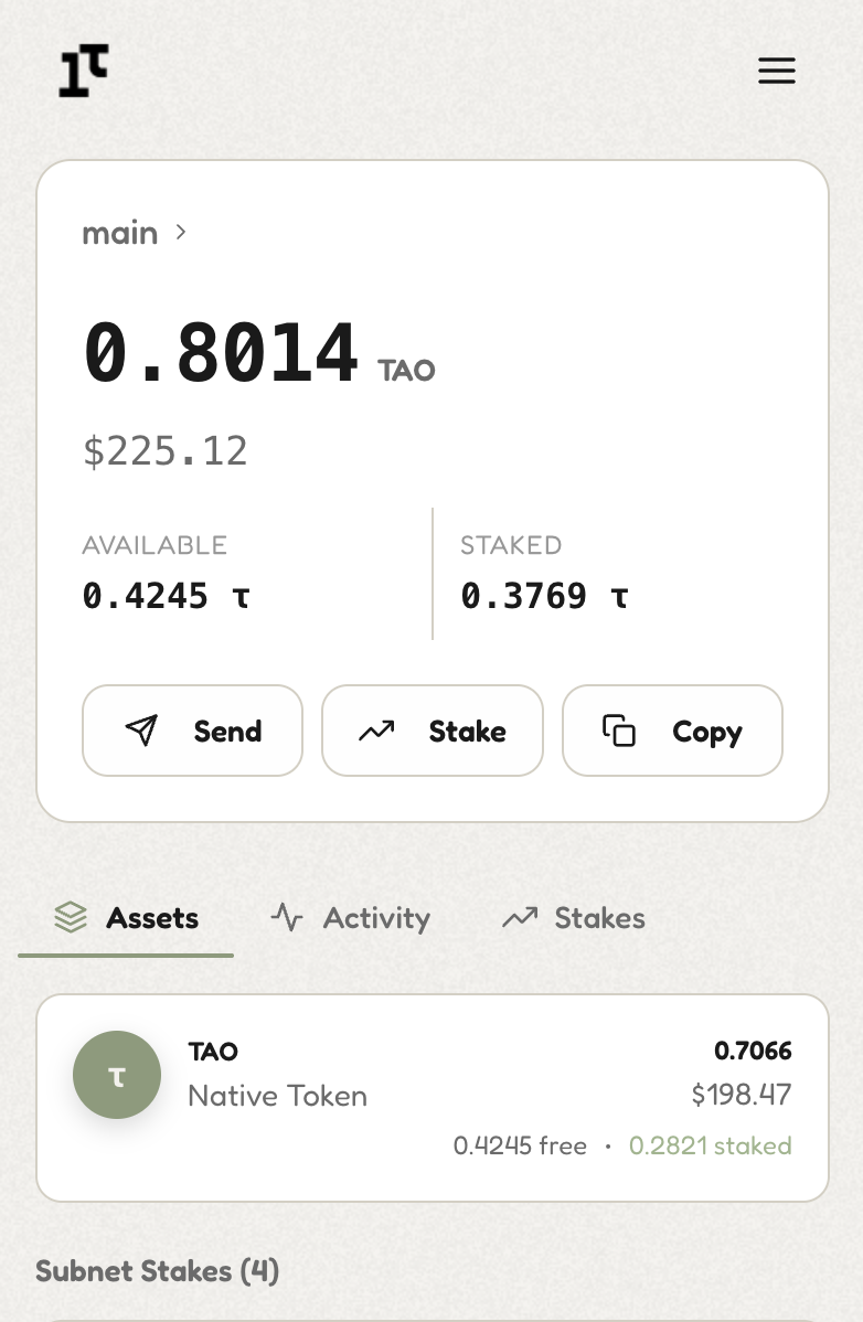 1tao Wallet - Bittensor wallet extension showing balance, staking, and assets