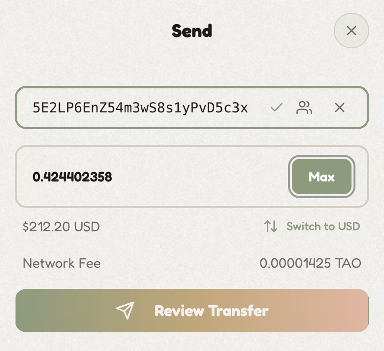 1tao send TAO interface